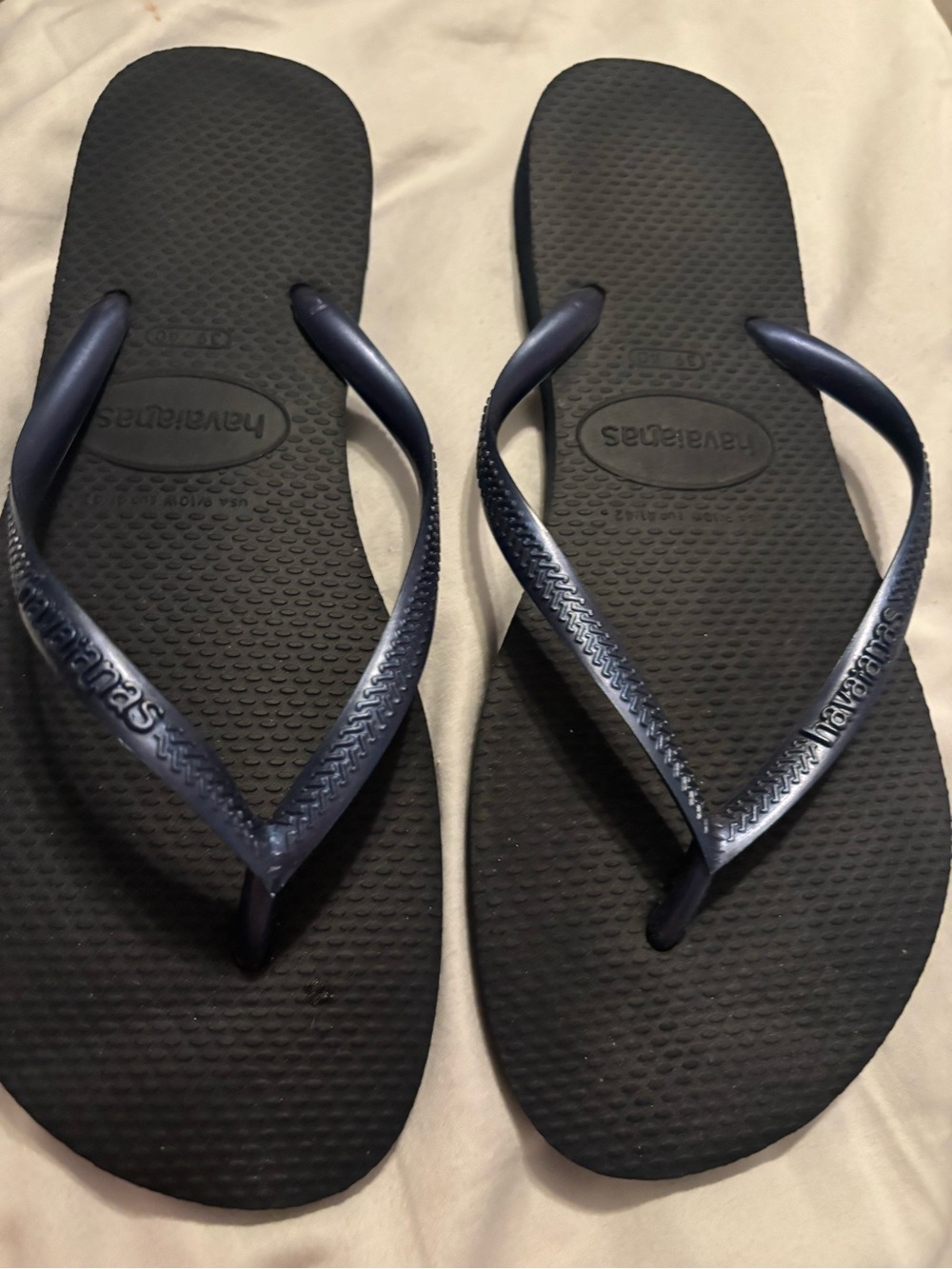 Havaianas Slim Flip Flops in Black with Navy Straps